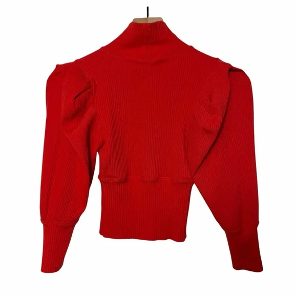 FREE PEOPLE LALA CROP TOP POPPY RED 3/4 PUFF SLEEVE HIGH NECK XS - Picture 3 of 5